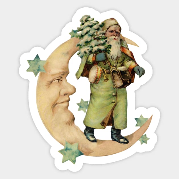 Vintage Primitive Santa Claus standing on the crescent moon Sticker by RedThorThreads